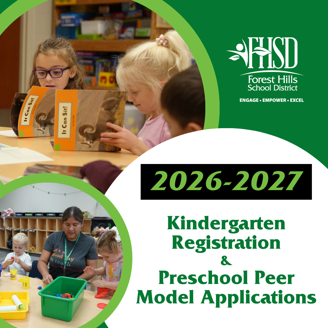 graphic with classroom photos of students that says 2026-2027 kindergarten registration and preschool peer model applications